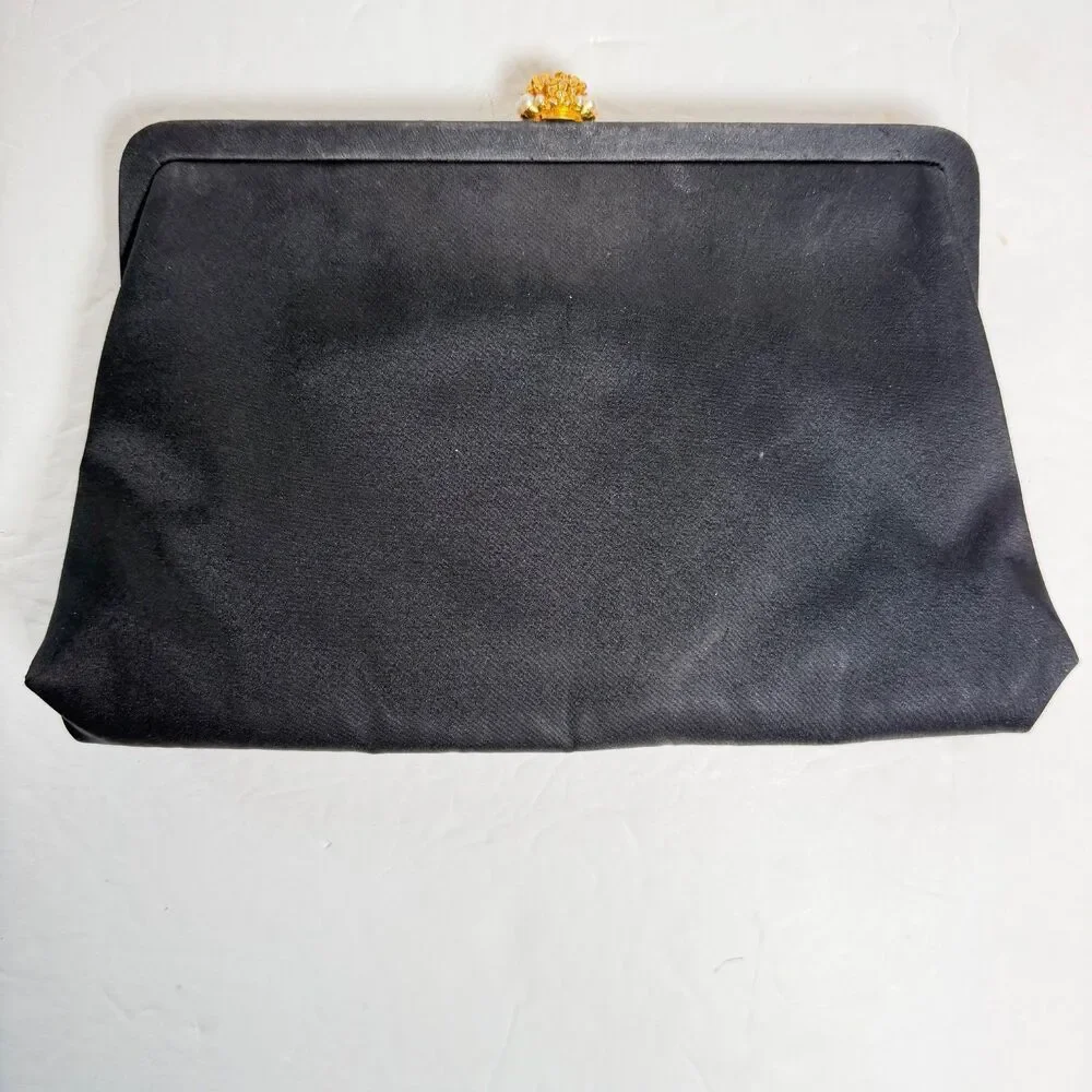 Vintage Morris Moskowitz MM Black Evening Clutch Kiss Lock Purse Mirror Coin Bag